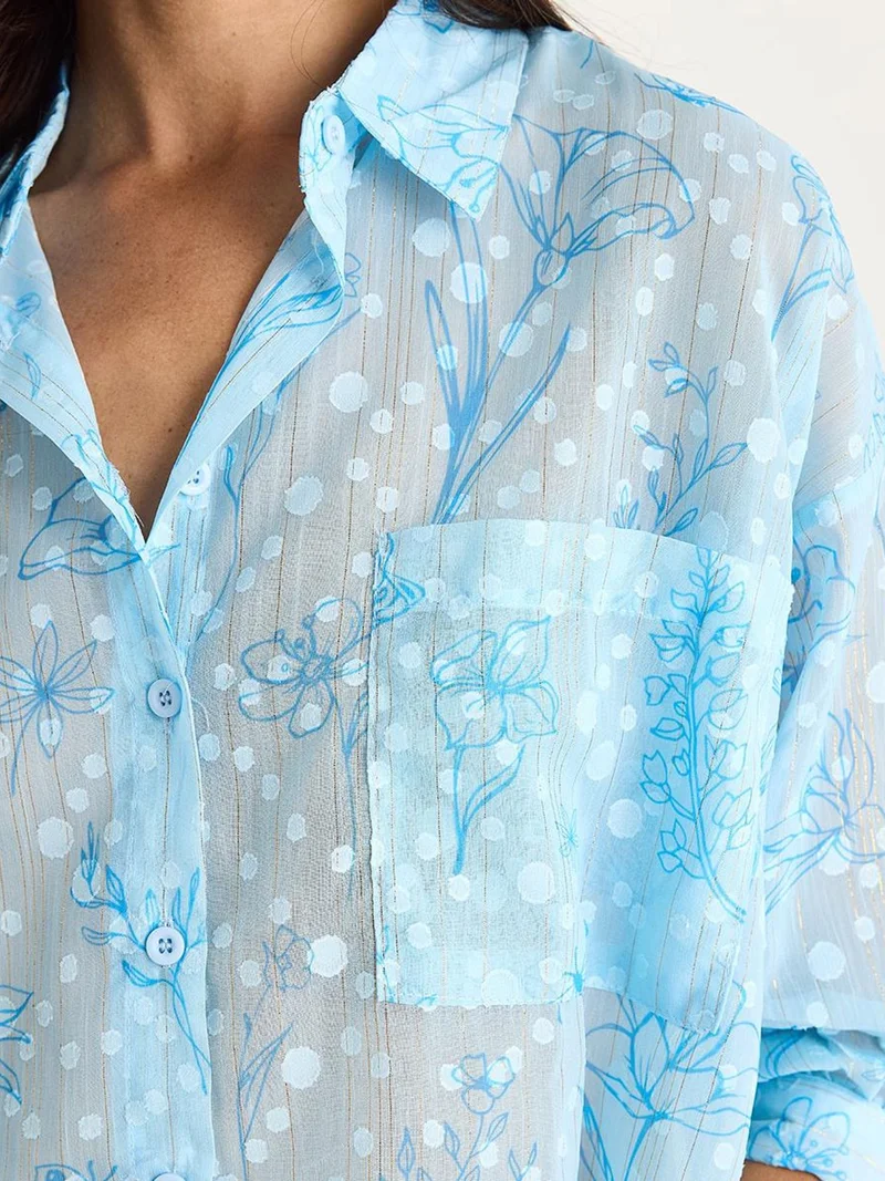 Bianco Lucci LUCCI Floral Jacquard Short Sleeve Button-Up Shirt with Pocket