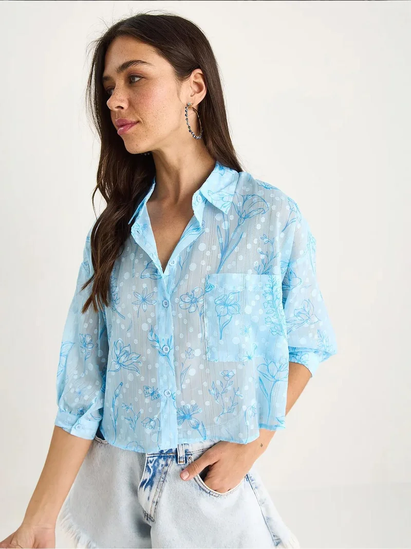 Bianco Lucci LUCCI Floral Jacquard Short Sleeve Button-Up Shirt with Pocket
