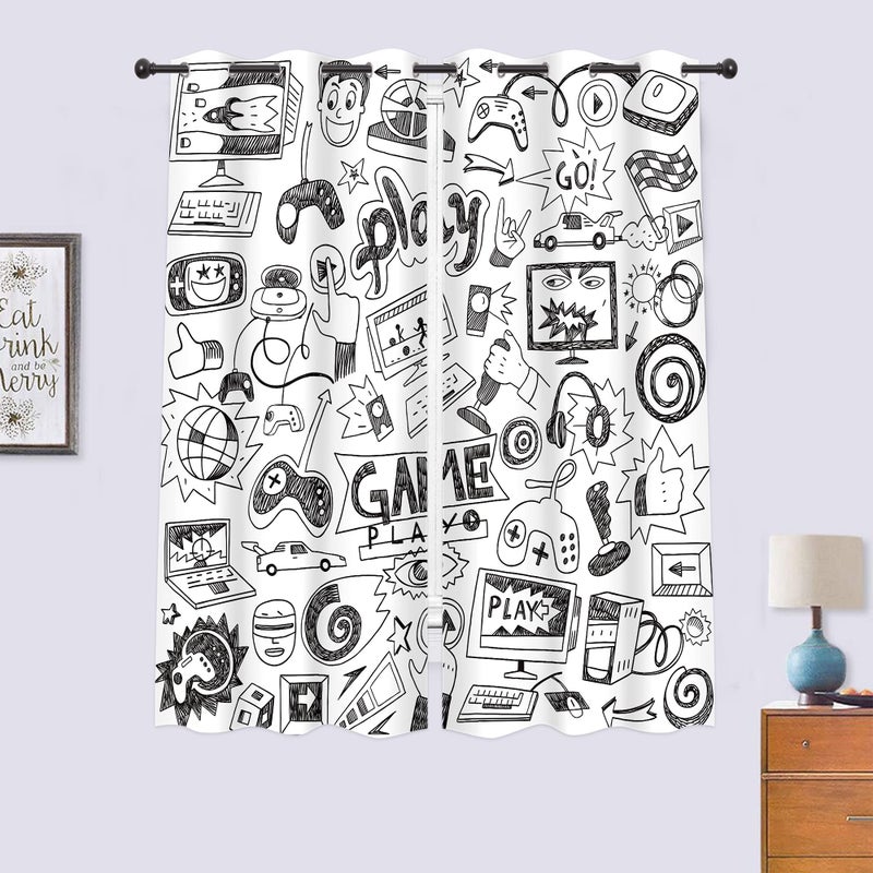 Cinbloo Kids Video Games Blackout Curtains 29W x 63L Inch Black White Gaming Curtains Teen Boys Bedroom Decor Gamer Theme 90's Cool Art Printed Living Room Playroom Window Drapes 2 Panels - Image 4