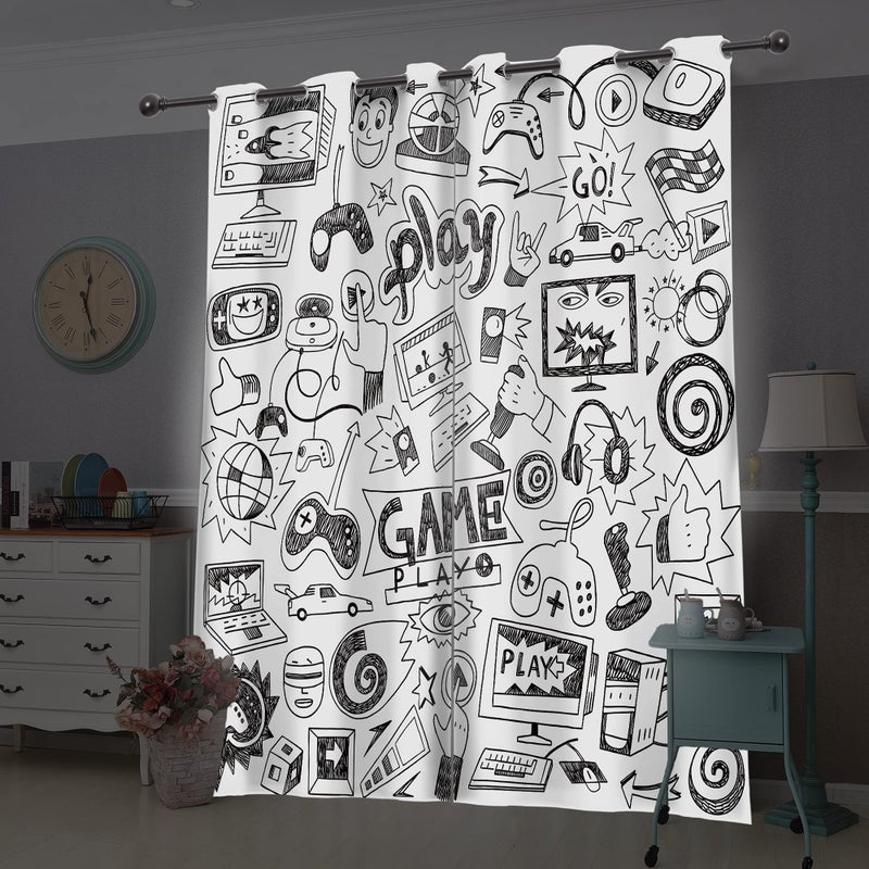 Cinbloo Kids Video Games Blackout Curtains 29W x 63L Inch Black White Gaming Curtains Teen Boys Bedroom Decor Gamer Theme 90's Cool Art Printed Living Room Playroom Window Drapes 2 Panels - Image 2