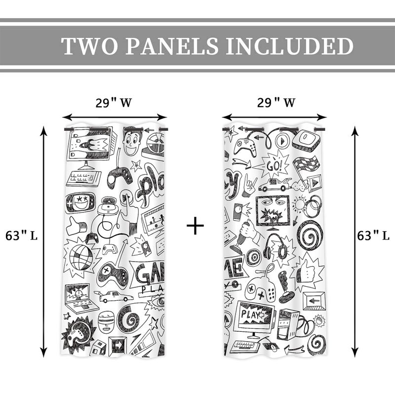 Cinbloo Kids Video Games Blackout Curtains 29W x 63L Inch Black White Gaming Curtains Teen Boys Bedroom Decor Gamer Theme 90's Cool Art Printed Living Room Playroom Window Drapes 2 Panels - Image 3