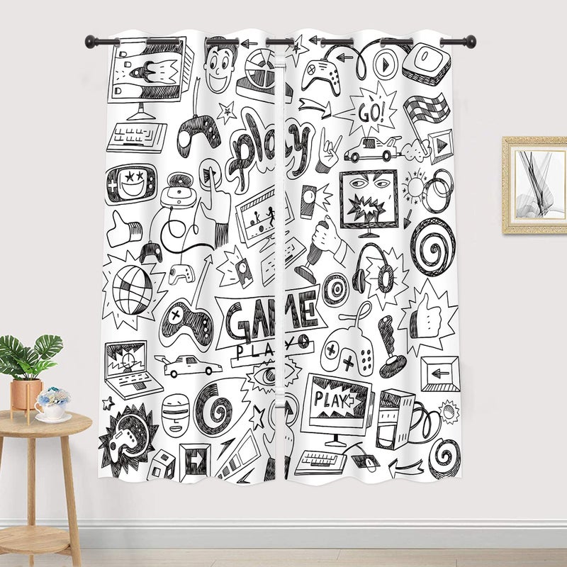 Cinbloo Kids Video Games Blackout Curtains 29W x 63L Inch Black White Gaming Curtains Teen Boys Bedroom Decor Gamer Theme 90's Cool Art Printed Living Room Playroom Window Drapes 2 Panels - Image 1