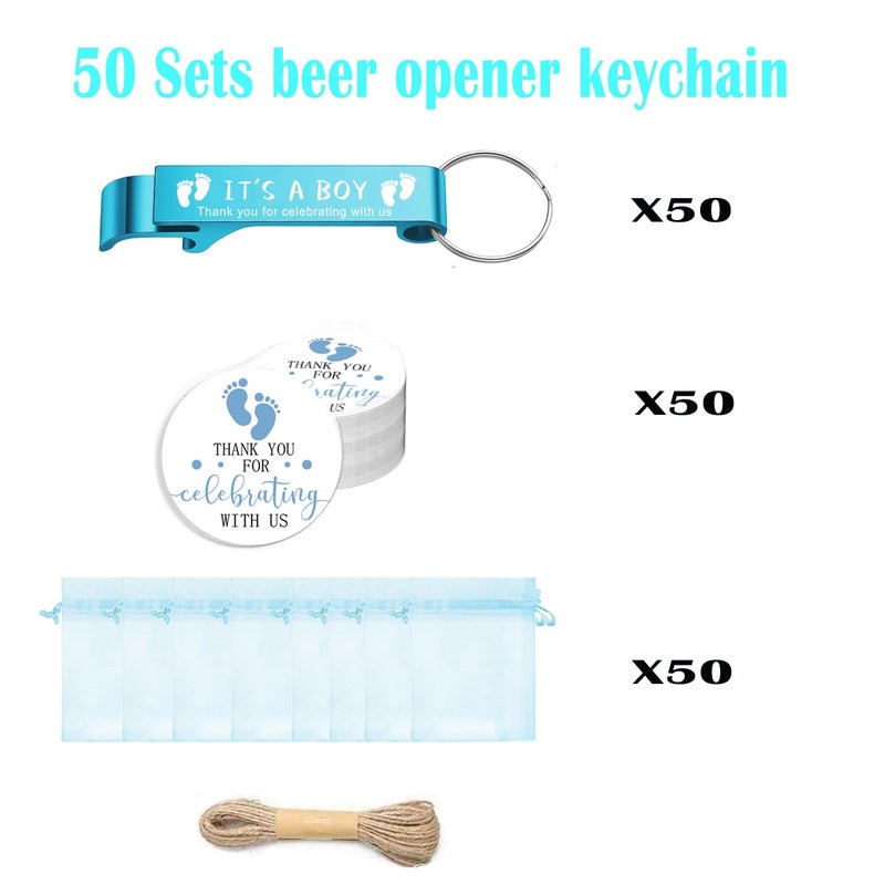 LINSHDA 50 Sets Baby Shower Bottle Opener Favors Beer Opener Keychain Thank You Cards Organza Bags and Jute Twine Baby Shower Party Favors for Guest (BOY) - Image 2