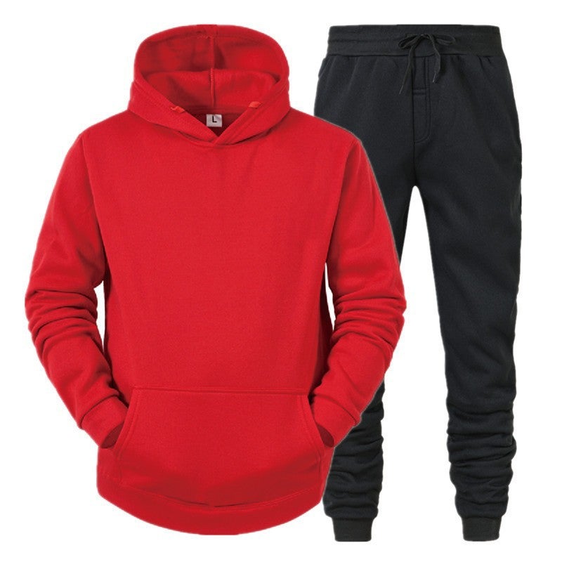 2023 Unisex Hooded Fleece Pullover Sweatshirt Autumn Winter Red + black pants 