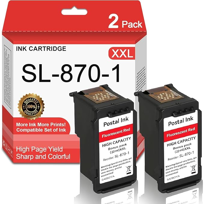 16ML Postage Ink for SL-870-1 XXL Red Ink Cartridge Remanufactured SL8701 Fluorescent Ink Replacement for PB New SendPro Mailstation Series Postage Meter (CSD1), 2 Pack