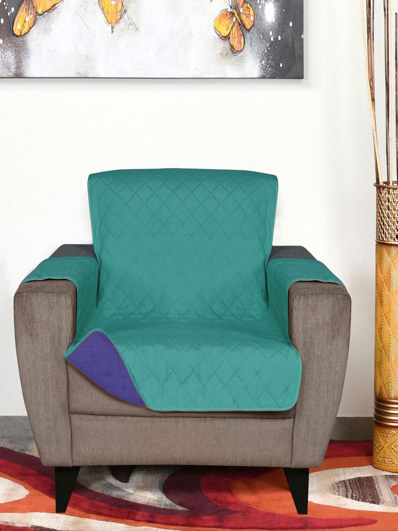 Home @Home by Nilkamal Solid Polyester 1 Seater Sofa Cover | Reversible & Quilted Sofa Cover | Washable Couch Cover with Non Slip Foam| Set of 1-179 x 165 cm | Sea Green & Indigo - Image 1