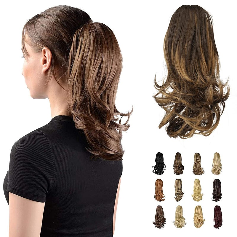 SOFEIYAN 13 Ponytail Extension Long Curly Ponytail Clip in Claw Hair Extension Natural Looking Synthetic Hairpiece for Women Dark BrownGolden Auburn