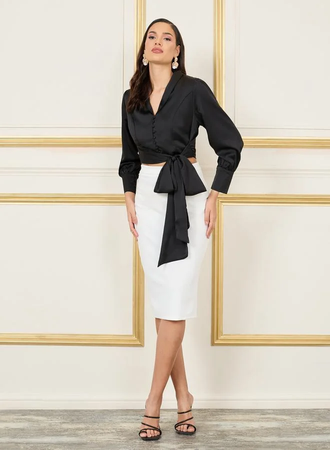 Styli Satin Collared Button Loop Closure Wrap Blouse