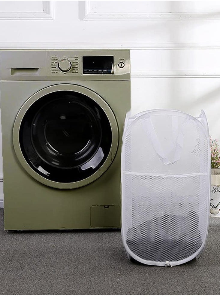 TYCOM - Foldable Pop Up Net Laundry Basket - Storage Solution - Compact Bin - Mesh Collapsible Bag - Laundry Hamper - Collapsible Laundry Basket with Durable Handles & Side (White) - Image 1