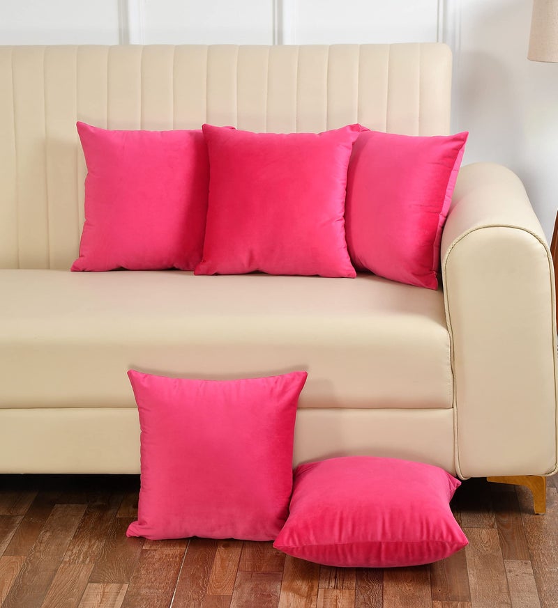 Yellow Weaves Soft Velvet Fabric 250 TC Cushion Cover 16 X 16 Inches, Set Of 5, (Pink) - Image 1