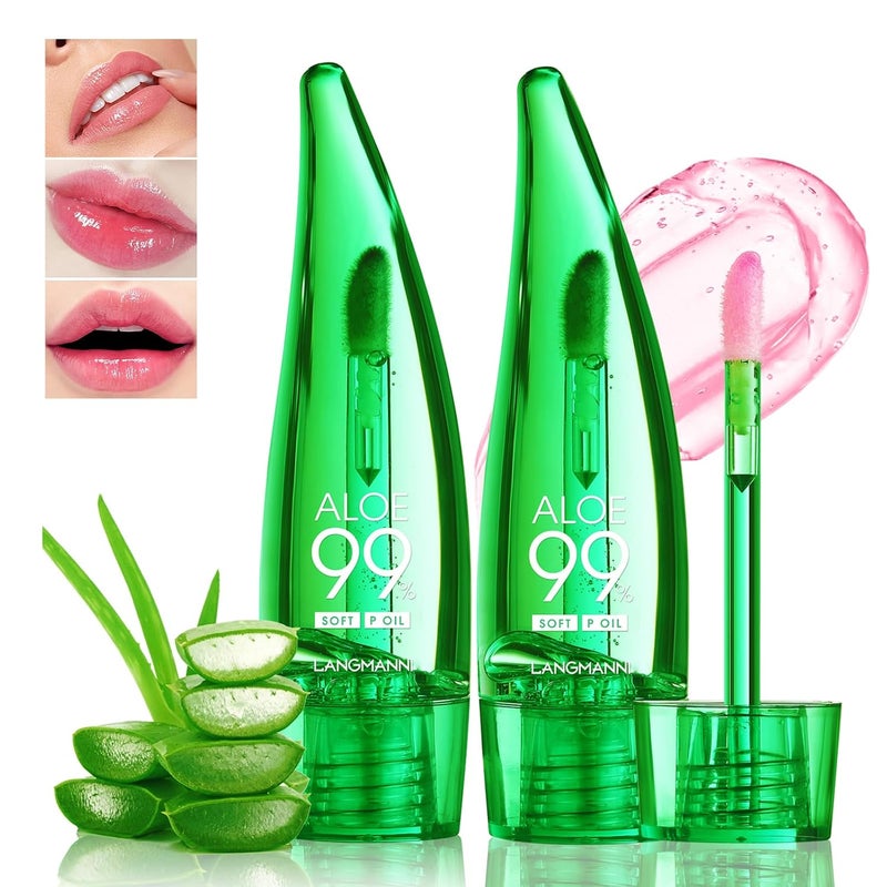 HOSAILY 2 Pcs Aloe Vera Color Changing Lipstick Lip Oil Tinted Pink Magic PH Temperature Color Changing Lip Gloss Long Lasting Nutritious Lip Balm Moisturizer Plumper Lip Care Lip Gloss 