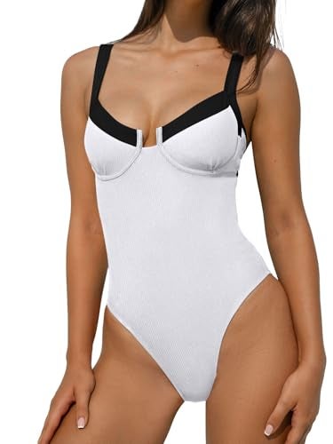 BERLOOK One Piece Swimsuit Women Tummy Control Ribbed Retro Bathing Suits Contrast Trim Knotted Sety Slimming Swimwear White, S - Image 1