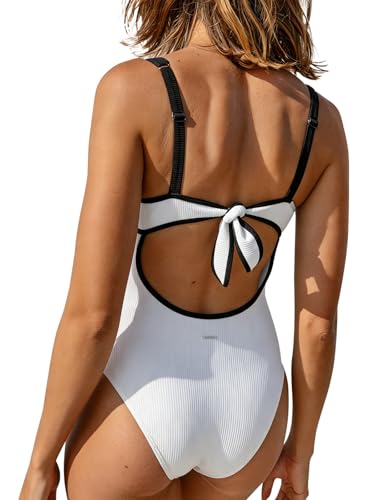 BERLOOK One Piece Swimsuit Women Tummy Control Ribbed Retro Bathing Suits Contrast Trim Knotted Sety Slimming Swimwear White, S - Image 4