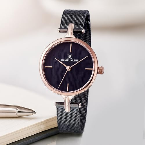 Daniel Klein Analog Black Round Dial Rose Gold Case Black Mesh Strap Water-Resistant Wrist Watch for Women Girls, Ladies DK11914-3 - Image 2