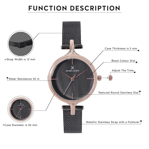 Daniel Klein Analog Black Round Dial Rose Gold Case Black Mesh Strap Water-Resistant Wrist Watch for Women Girls, Ladies DK11914-3 - Image 5