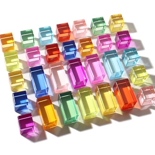 Dinhon 30 Pcs Mixed Acrylic Blocks Set 10 Long 25x25x5CM 20 Cube 25x25x25CM Rainbow Gem Blocks Sensory Stacking Toy for 1 2 3 4 Years Old Boys Girls Gift with Rich Building Possibilities - Image 5