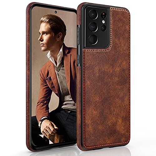 LOHASIC for Galaxy S21 Ultra Case, Premium Leather Luxury Business PU Non-Slip Grip Shockproof Bumper Full Body Protective Cover Phone Cases for Samsung Galaxy S21 Ultra 5G 6.8 inch - Brown - Image 1
