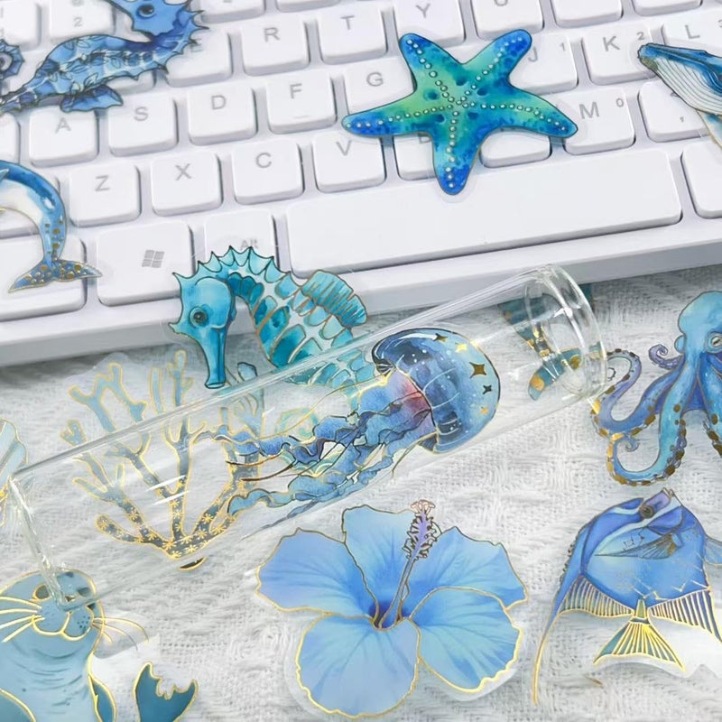 YOKSAS 50 PCS Blue Ocean Marine Life Stickers with Gold Foil â€“ Clear Watercolor Sea Animals Decals for Scrapbooking, Journaling, Planners, Whale Dolphin Turtle Shell Coral Waterproof Aesthetics Stickers - Image 4