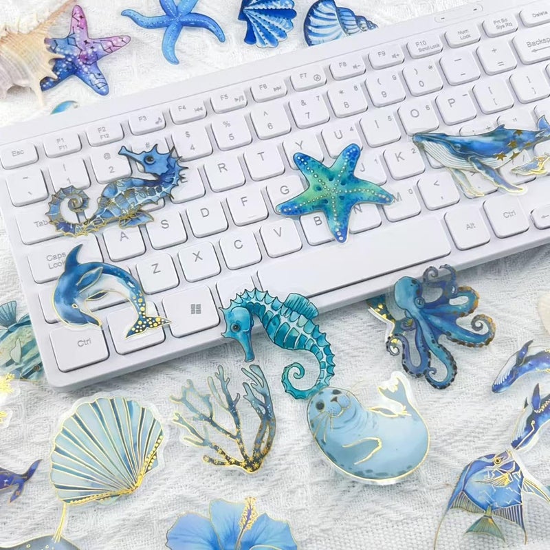YOKSAS 50 PCS Blue Ocean Marine Life Stickers with Gold Foil â€“ Clear Watercolor Sea Animals Decals for Scrapbooking, Journaling, Planners, Whale Dolphin Turtle Shell Coral Waterproof Aesthetics Stickers - Image 5