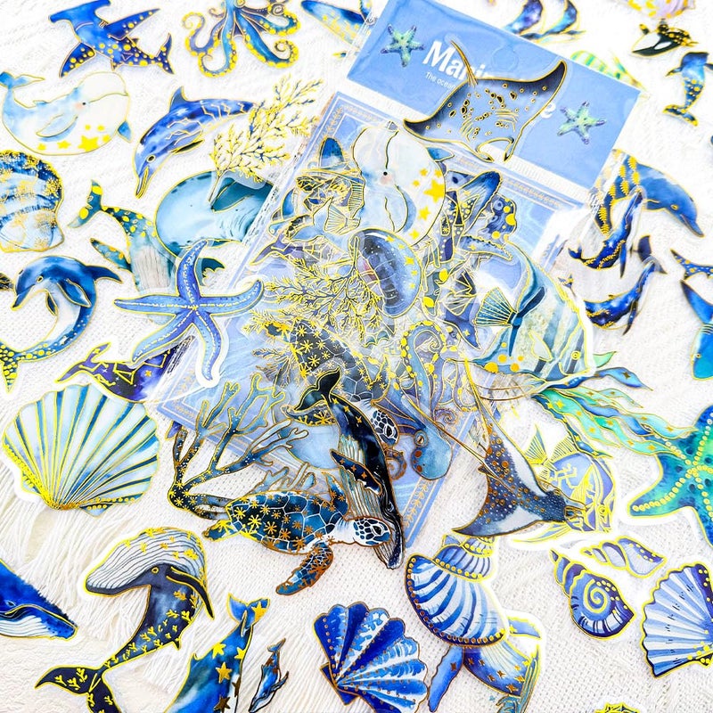 YOKSAS 50 PCS Blue Ocean Marine Life Stickers with Gold Foil â€“ Clear Watercolor Sea Animals Decals for Scrapbooking, Journaling, Planners, Whale Dolphin Turtle Shell Coral Waterproof Aesthetics Stickers - Image 2
