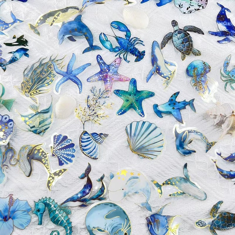 YOKSAS 50 PCS Blue Ocean Marine Life Stickers with Gold Foil â€“ Clear Watercolor Sea Animals Decals for Scrapbooking, Journaling, Planners, Whale Dolphin Turtle Shell Coral Waterproof Aesthetics Stickers - Image 3