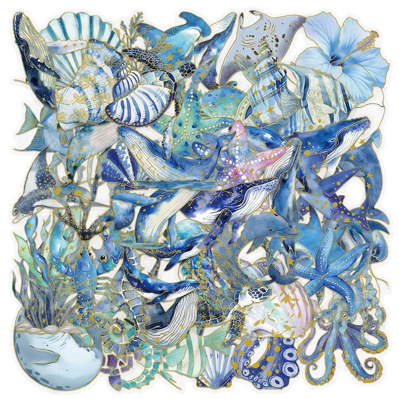 YOKSAS 50 PCS Blue Ocean Marine Life Stickers with Gold Foil â€“ Clear Watercolor Sea Animals Decals for Scrapbooking, Journaling, Planners, Whale Dolphin Turtle Shell Coral Waterproof Aesthetics Stickers - Image 1