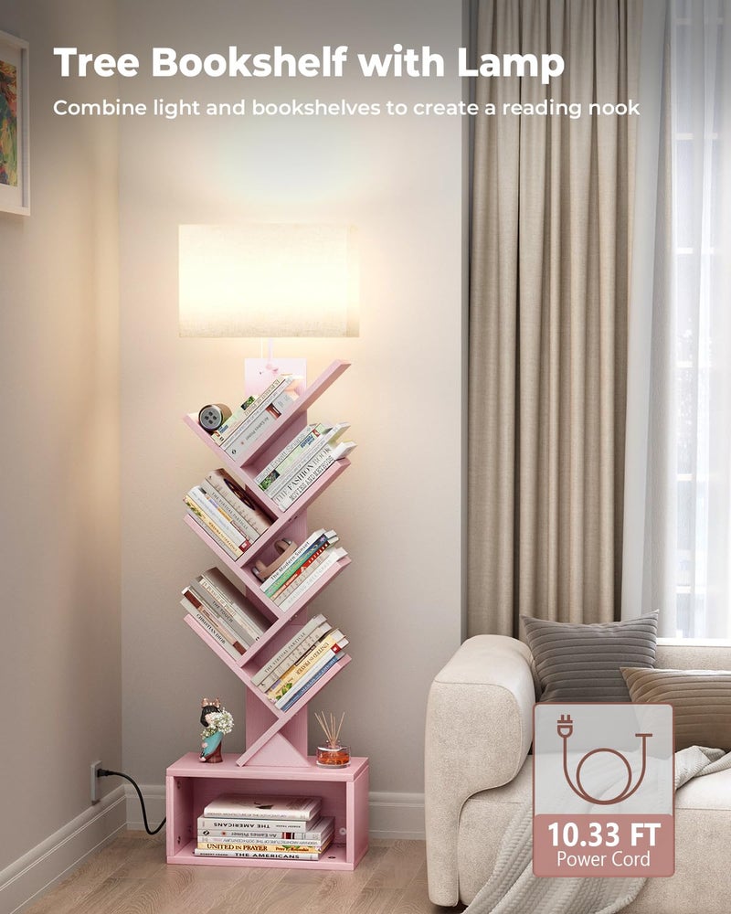 Evermagin 6 Tier Tree Bookshelf with Light, Narrow Bookcase Tower, Tall Floor Standing Book Shelf Organizer with Storage Cabinet for Living Room, Bedroom and Home Office, Pink - Image 2