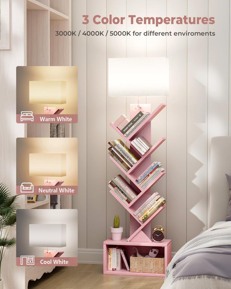 Evermagin 6 Tier Tree Bookshelf with Light, Narrow Bookcase Tower, Tall Floor Standing Book Shelf Organizer with Storage Cabinet for Living Room, Bedroom and Home Office, Pink - Image 3