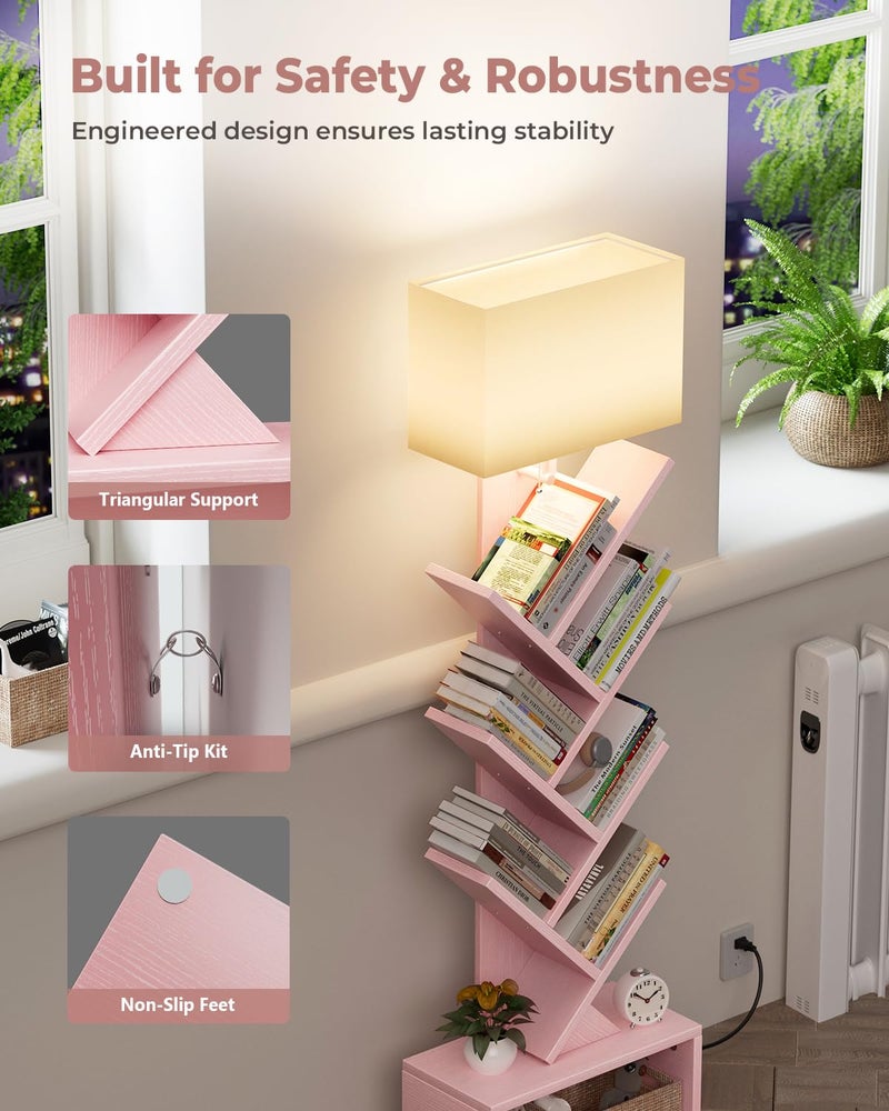 Evermagin 6 Tier Tree Bookshelf with Light, Narrow Bookcase Tower, Tall Floor Standing Book Shelf Organizer with Storage Cabinet for Living Room, Bedroom and Home Office, Pink - Image 5