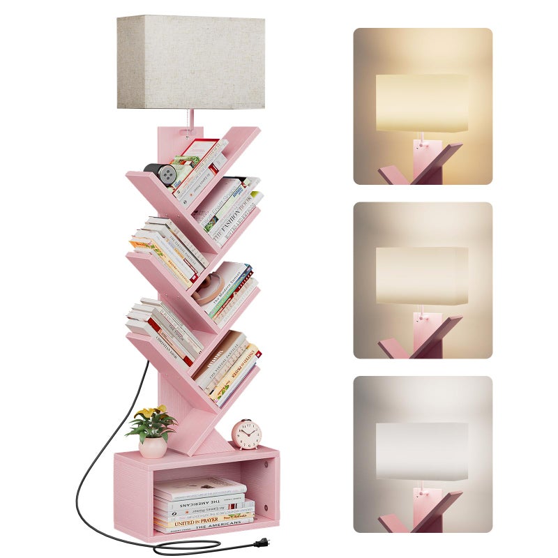 Evermagin 6 Tier Tree Bookshelf with Light, Narrow Bookcase Tower, Tall Floor Standing Book Shelf Organizer with Storage Cabinet for Living Room, Bedroom and Home Office, Pink - Image 1
