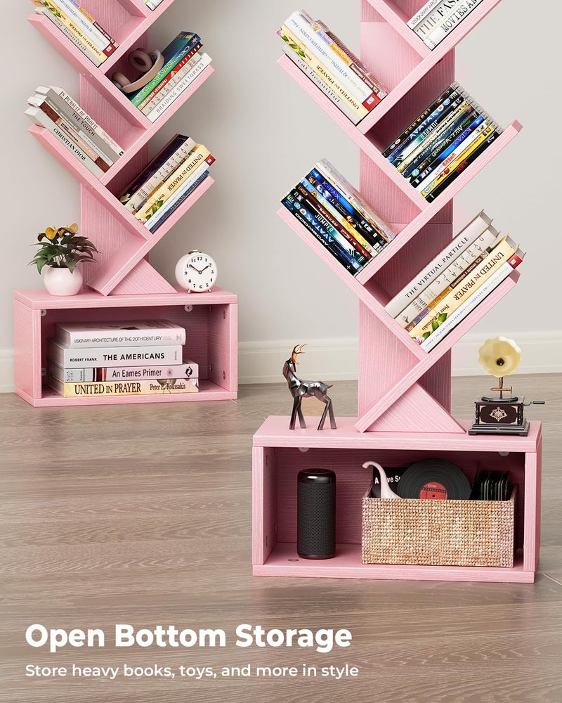 Evermagin 6 Tier Tree Bookshelf with Light, Narrow Bookcase Tower, Tall Floor Standing Book Shelf Organizer with Storage Cabinet for Living Room, Bedroom and Home Office, Pink - Image 4