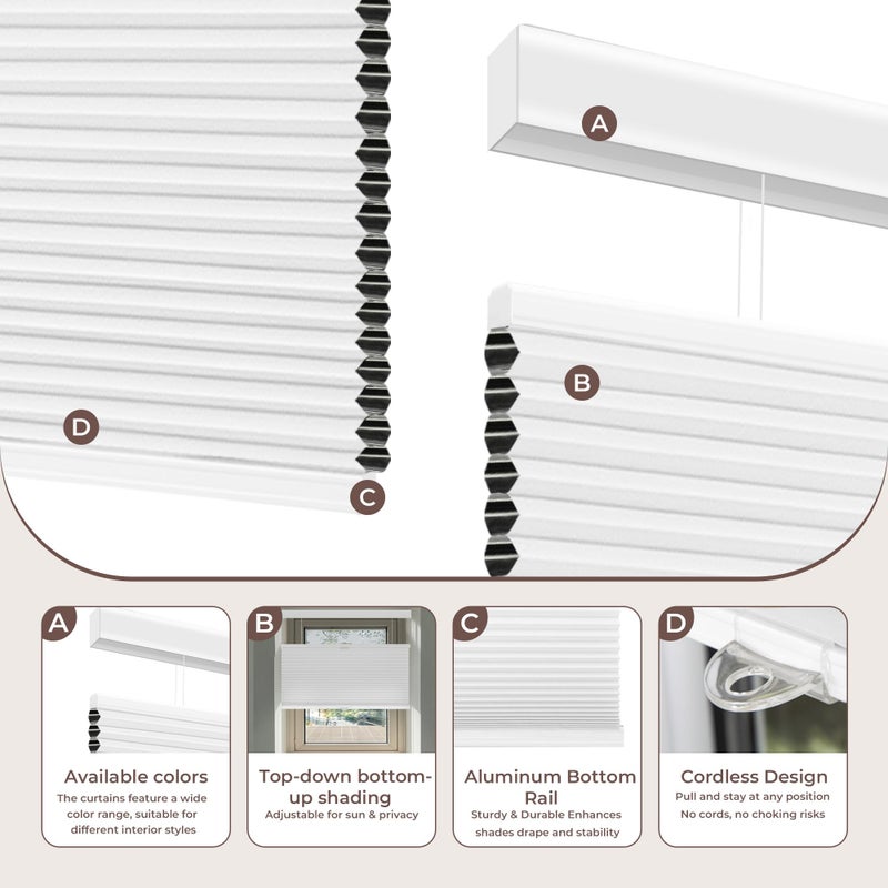 Allesin Top Down Bottom Up Cellular Shades,Blackout Blinds Noise Reduction,Cordless Cellular Shades Room Darkening Honeycomb Blinds,Blackout (White,36"x64") - Image 3