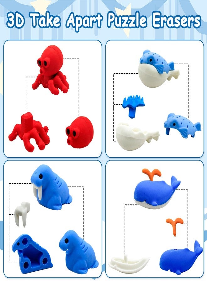 Satomoto 40 pcs Sea Animal Erasers for Kids Desk Pet, 3D Take Apart Animal Pencil Erasers for Kids Classroom Prizes, Class Treasure Box,Game Rewards,Party Favors - Image 2