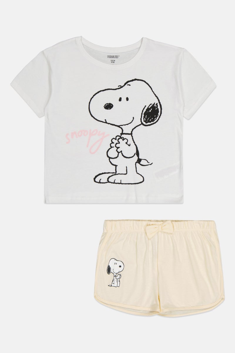 Peanuts Kids Girl 2 Pcs Graphic Print Short Sleeve Top And Shorts Pajama Set, Multicolor - Image 3