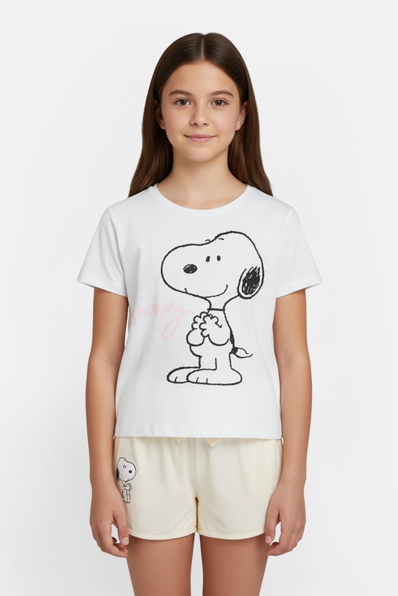 Peanuts Kids Girl 2 Pcs Graphic Print Short Sleeve Top And Shorts Pajama Set, Multicolor - Image 1