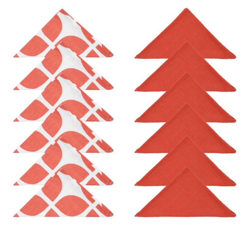 Dekor World Cotton Coral Printed and Solid Napkin Set (Pack of 12) - Image 1