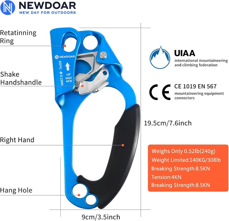 Newdoar UIAA & CE Certified Hand Ascender Rock Climbing Tree Arborist Rappelling Gear Equipment Rope Clamp for 8~13MM Rope - Image 1