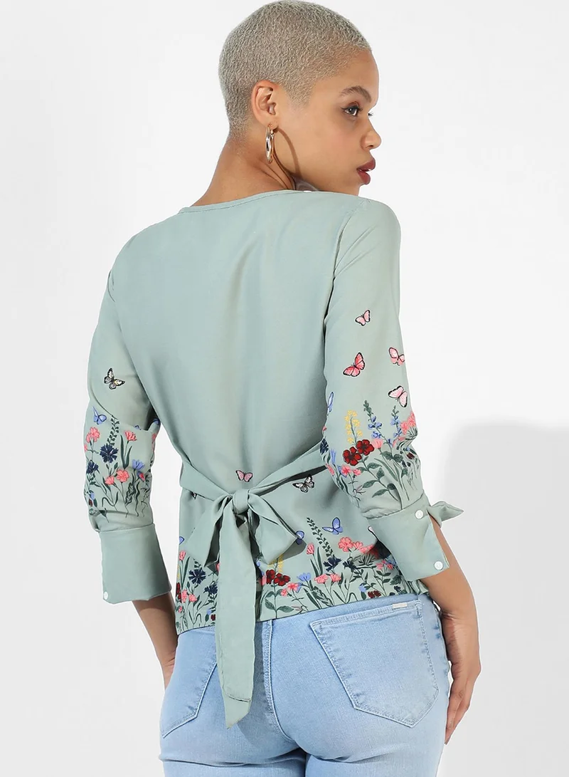 Campus Sutra Women's Sage Green Printed Regular Fit Top