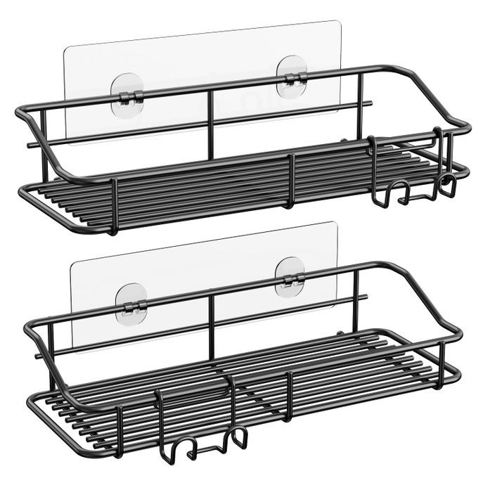 SHOWER CADDY SHELF WITH HOOKS STORAGE RACK ORGANIZER ADHESIVE STAINLESS STEEL WITHOUT DRILLING FOR BATHROOM LAVATORY WASHROOM RESTROOM SHOWER TOILET KITCHEN 2 PACK BLACK