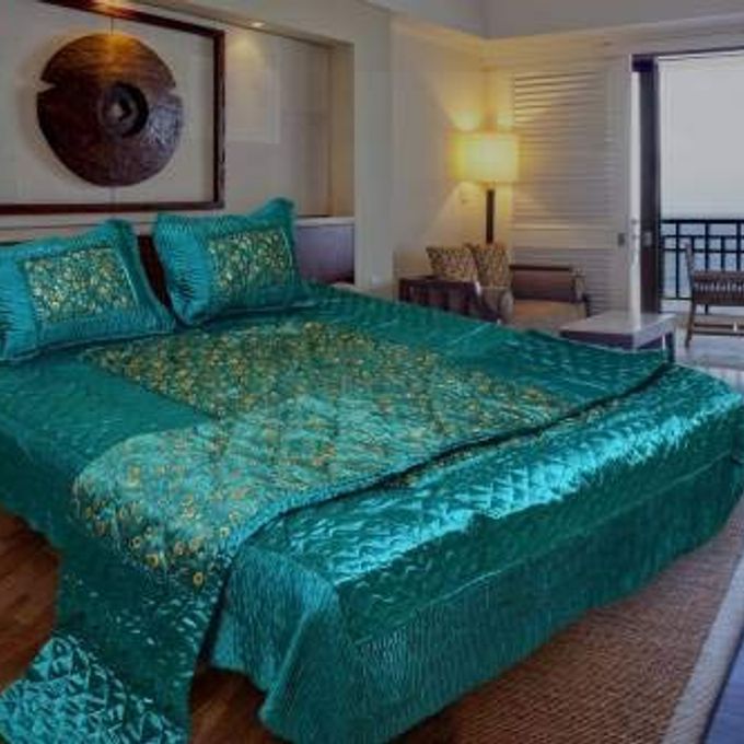 SATIN GOLD PRINTED 310 TC WEDDING BEDDING SET BEDSHEET WITH 2 PILLOW COVERS 1 AC COMFORTER FOR HOME LIVING ROOM RAMA GREEN SET OF 4PCJAAL PRINT