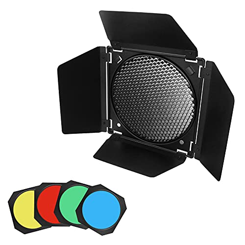 Soonpho BD-04 Barn Door with Honeycomb Grid and 4 Color Gel Filters (Red,Yellow, Blue,Green) for Standard Reflector & Cloth - Image 1