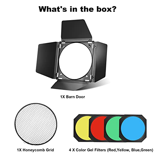 Soonpho BD-04 Barn Door with Honeycomb Grid and 4 Color Gel Filters (Red,Yellow, Blue,Green) for Standard Reflector & Cloth - Image 4