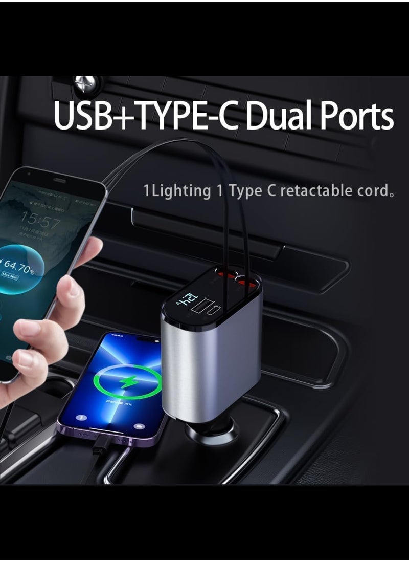 JAJEEK Car Charger 66W Retractable, 4-in-1 Fast Car Phone Charger with Retractable Cables & USB, Compatible with iPhone 15/14/13/12/11, Galaxy (1 Lightning, 1 Type-C) - Image 4