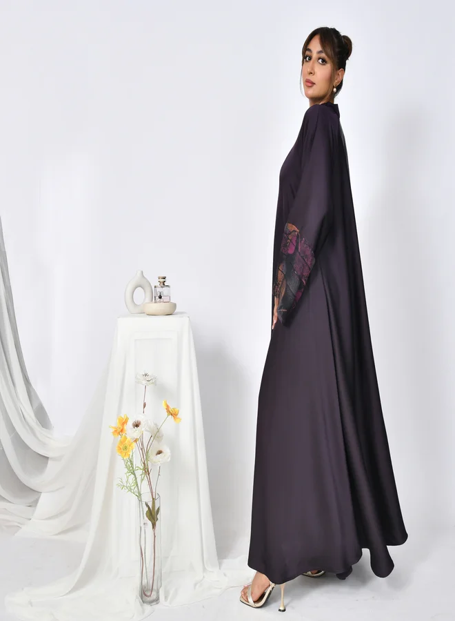 HAWRAA ABAYA Dark purple cloche abaya with chiffon floral inserts on the sleeves
