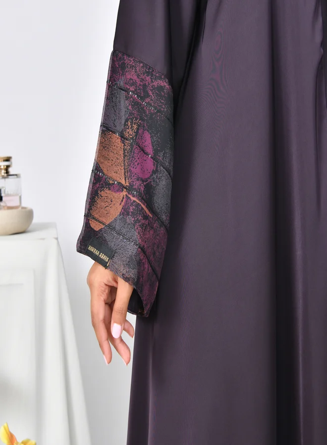 HAWRAA ABAYA Dark purple cloche abaya with chiffon floral inserts on the sleeves
