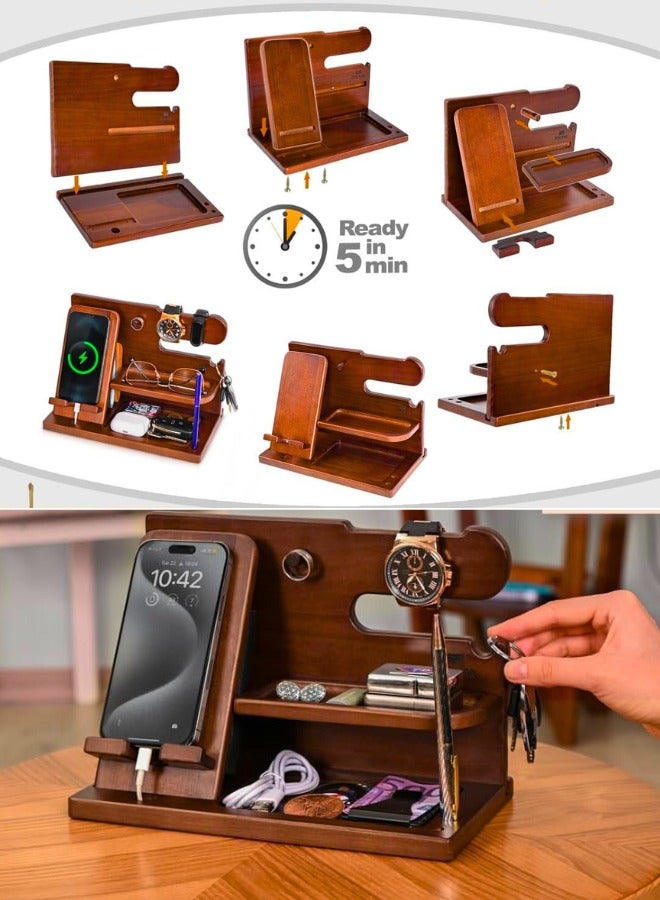 تشيس اب قاعدة تثبيت خشبية للهواتف للرجال - منظم للمكتب أو طاولة بجانب السرير - هدايا عيد ميلاد للزوج أو الأب - فكرة مميزة للذكرى السنوية من الزوجة - حامل مفاتيح - محفظة وساعة ومستلزمات أساسية (كستنائي) - Image 3
