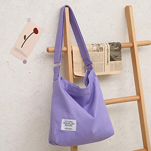 Covelin Women's Retro Large Size Canvas Shoulder Bag Hobo Crossbody Handbag Casual Tote Light Purple - Image 2