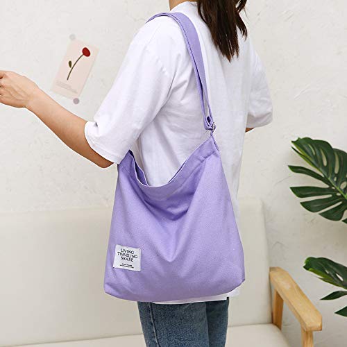 Covelin Women's Retro Large Size Canvas Shoulder Bag Hobo Crossbody Handbag Casual Tote Light Purple - Image 5