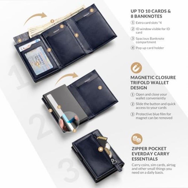 Credit Card Holder for Daily Commute: Genuine Leather, Black, RFID Blocking + Pop-Up Mechanism + Banknote Compartment + ID Window + Coin Pocket + Magnetic Closure - Image 2