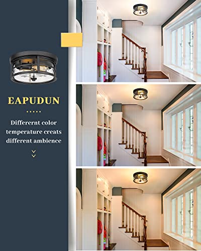 EAPUDUN Flush Mount Ceiling Light, 12inch 2-Light Metal Close to Ceiling Light Fixture, Matte Black Finish with Clear Glass Shade for Hallway Entryway Bedroom Porch FMA1412-MBK - Image 3
